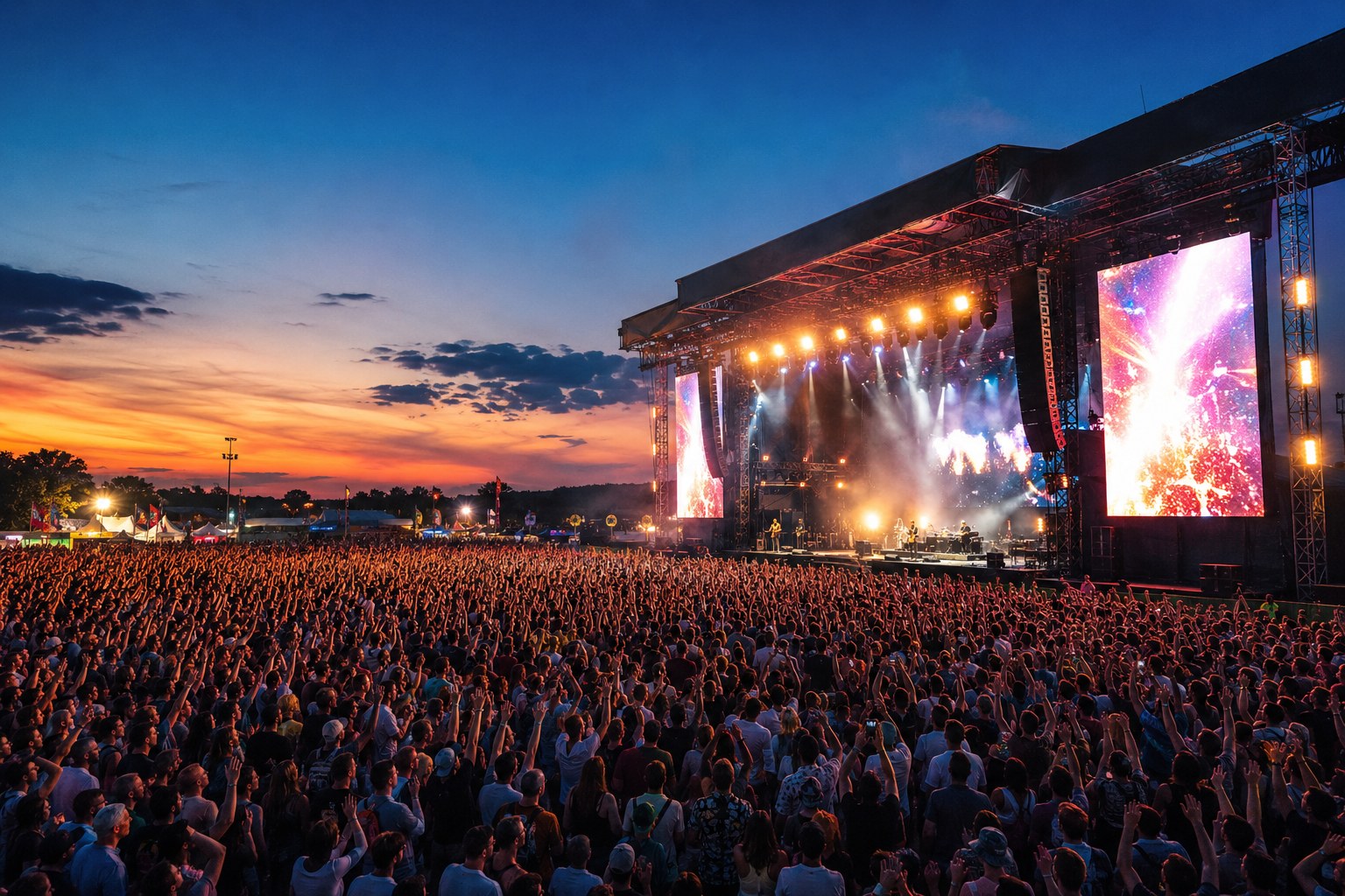 Festival crowd at sunset
